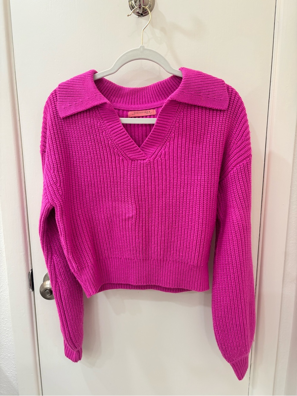 Signature8 Hot Pink Ribbed V-Neck Sweater with Collar